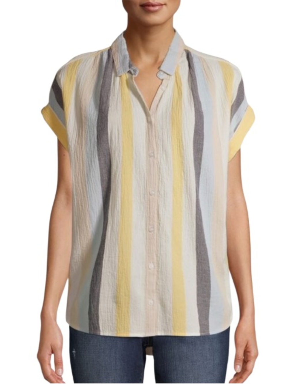 Striped Short-Sleeve Button Front in Yellow & Gray. Size L (12-14). Lightweight